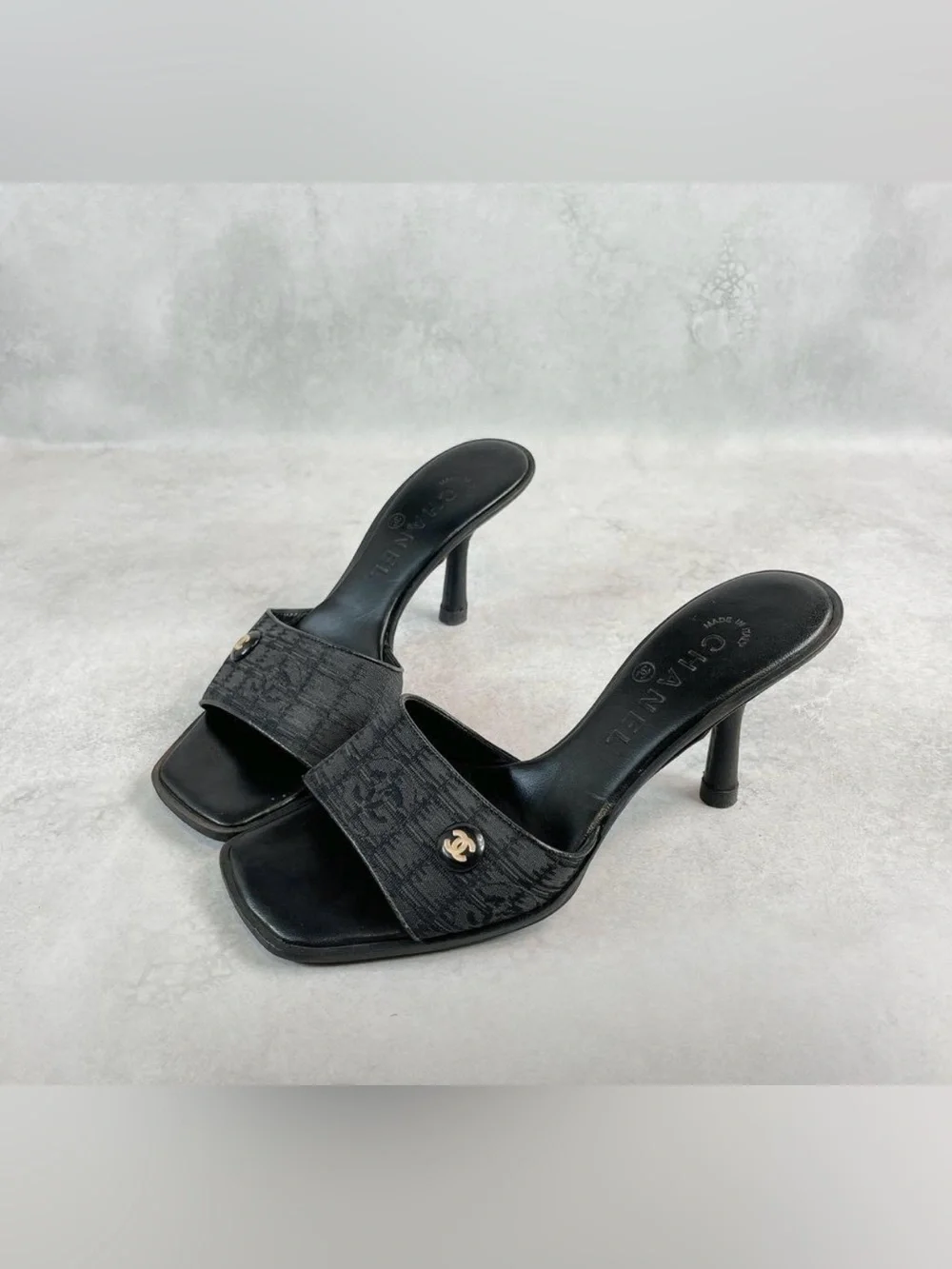 CHANEL Black Heeled Mules Sandals / Size 36.5 / Travel Line COCO / Vintage